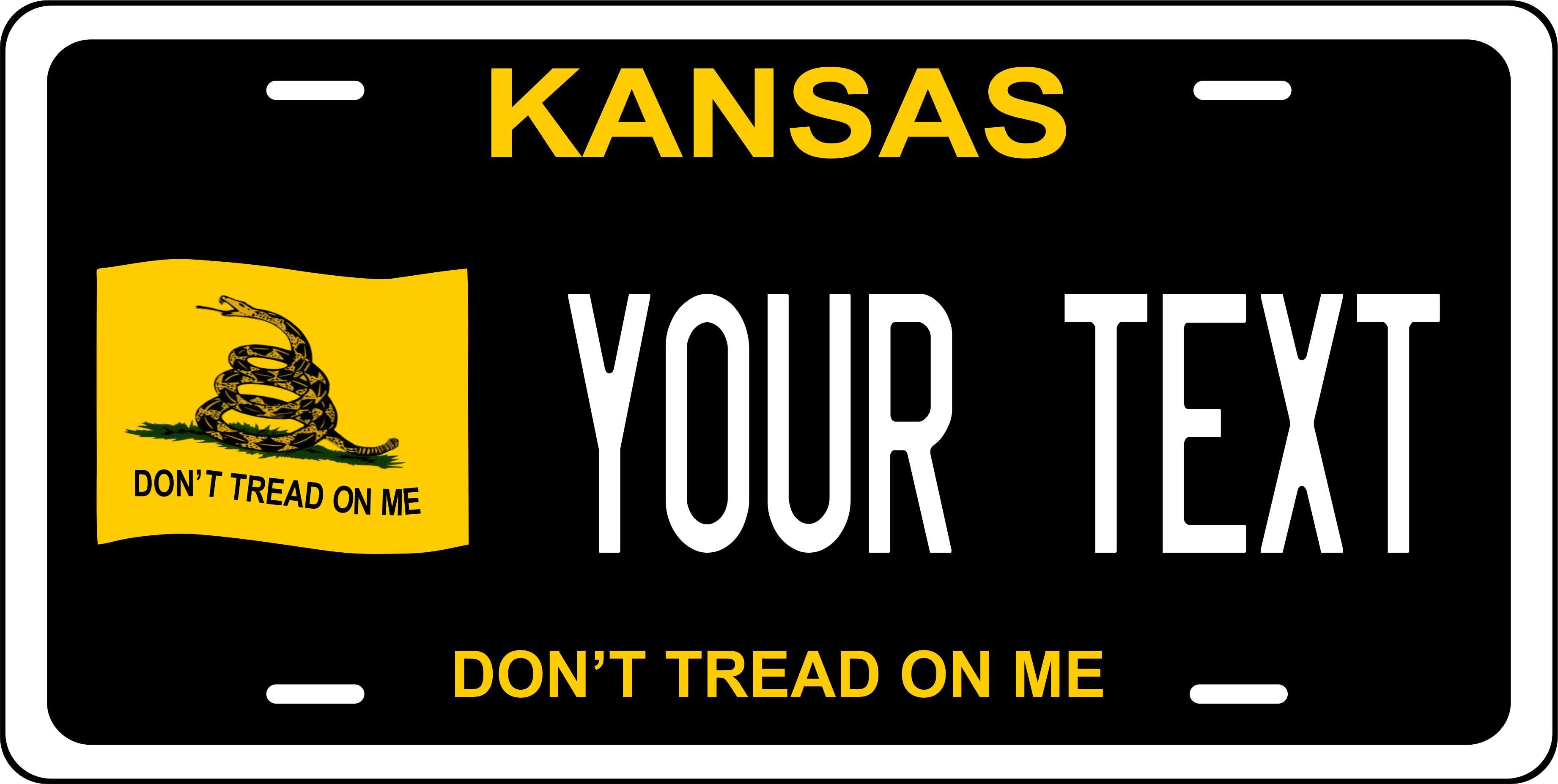 Kansas State Don't Tread on Me Black  License Plate Personalized Novelty Fun Car Bike Motorcycle