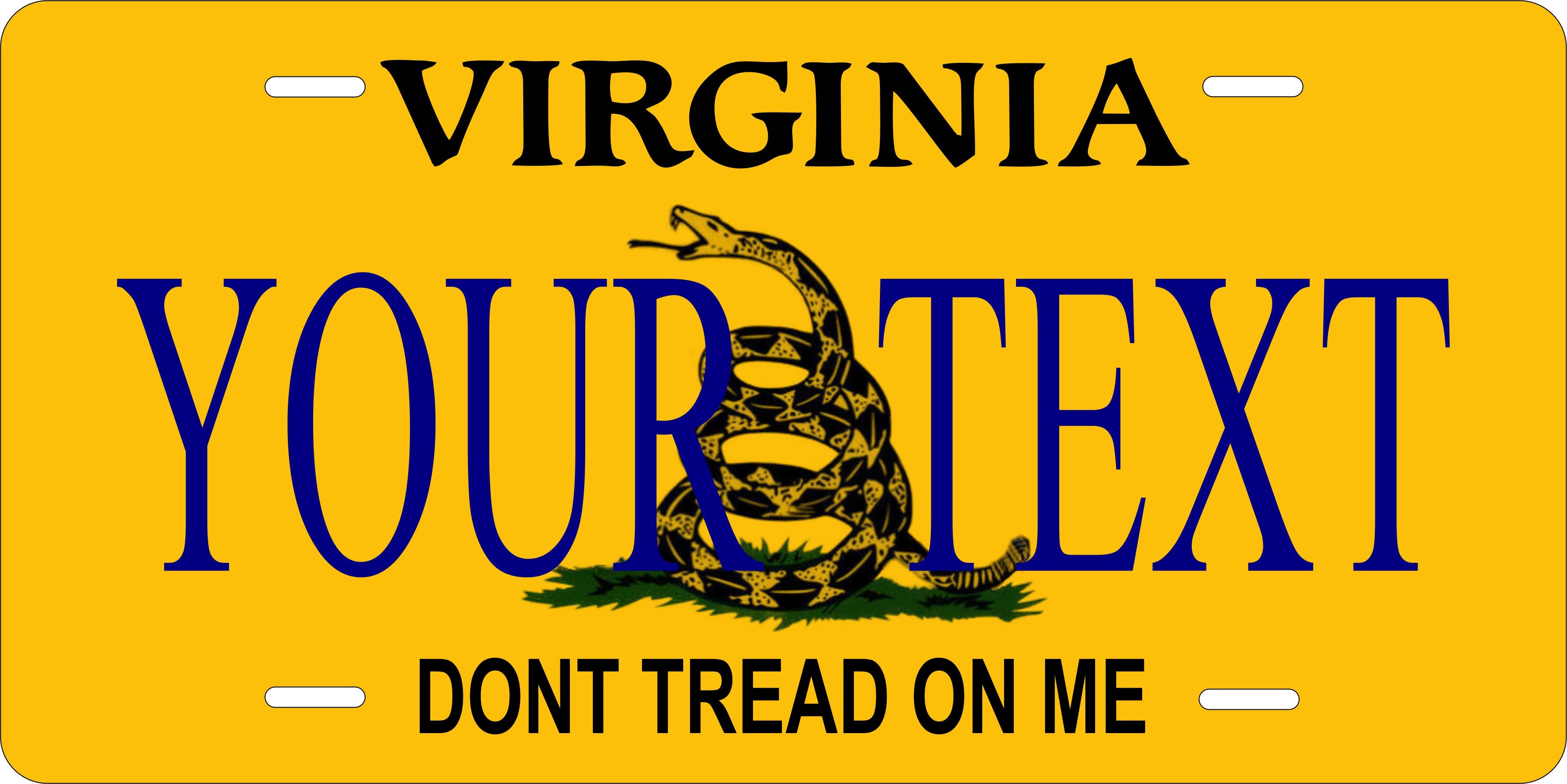 Virginia State Don't Tread on Me Yellow License Plate Personalized Novelty Fun Car Bike Motorcycle